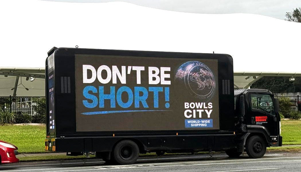 Bowls City promotional truck touring Gold Coast bowls clubs during the Australian Open Lawn Bowls Championships