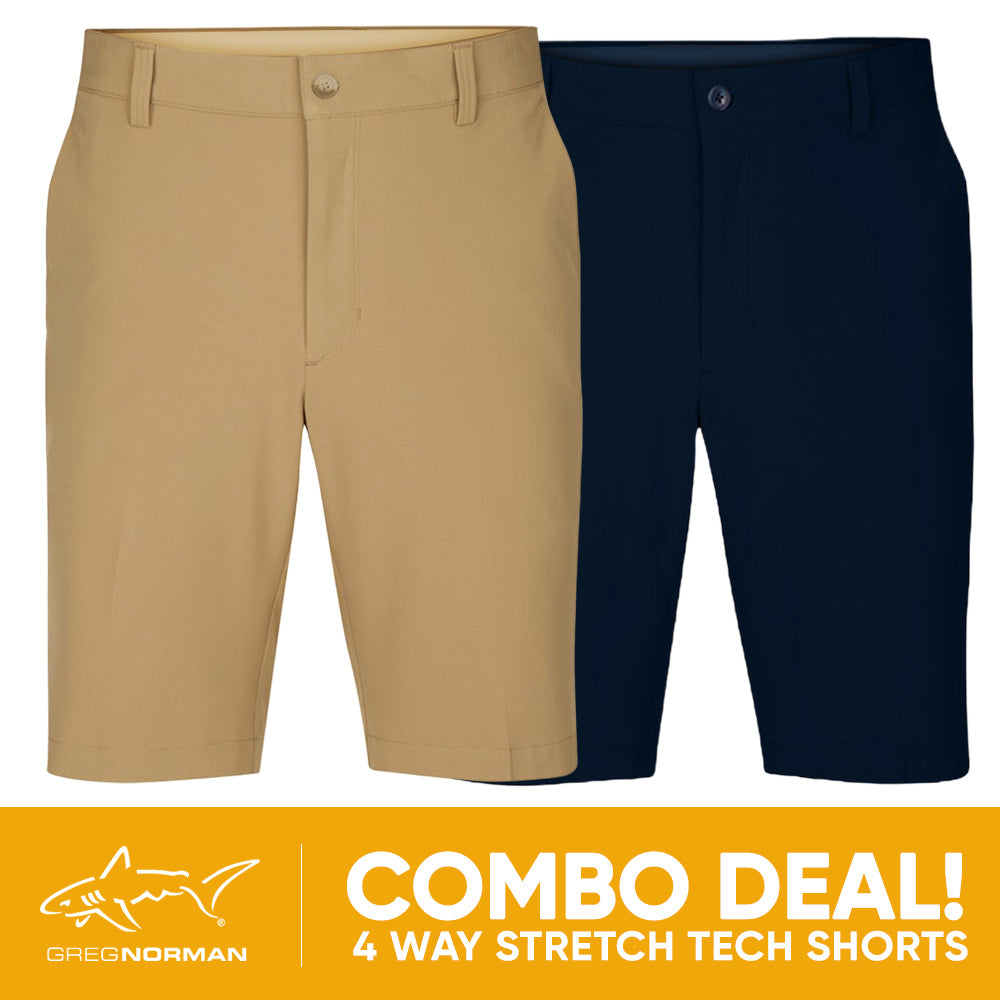 2 PAIR SHORT COMBO!<br>Greg Norman Mens 4 Way Stretch Tech Short - Bamboo/Navy