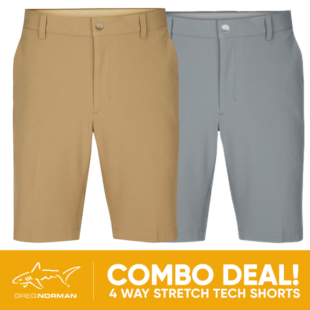 2 PAIR SHORT COMBO!<br>Greg Norman Mens 4 Way Stretch Tech Short - Bamboo/Sterling