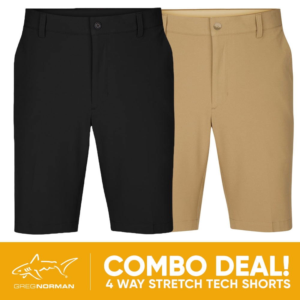 2 PAIR SHORT COMBO!<br>Greg Norman Mens 4 Way Stretch Tech Short - Black/Bamboo