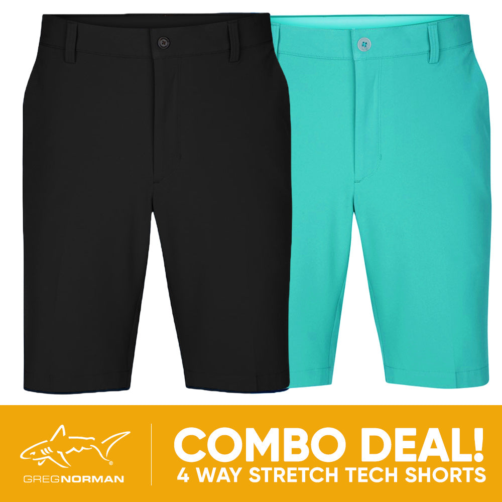 2 PAIR SHORT COMBO!<br>Greg Norman Mens 4 Way Stretch Tech Short - Black/Mint Wave