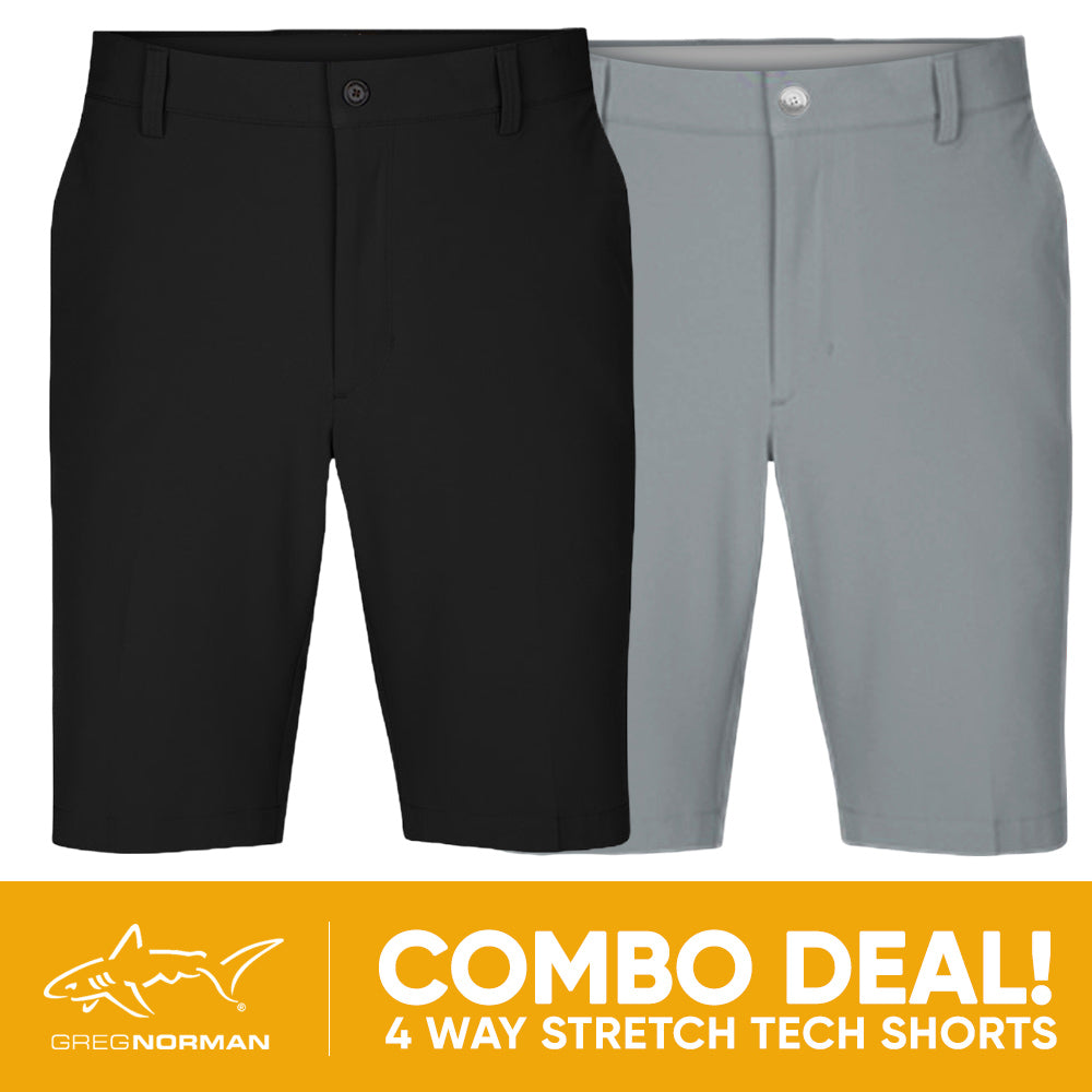 2 PAIR SHORT COMBO!<br>Greg Norman Mens 4 Way Stretch Tech Short - Black/Sterling