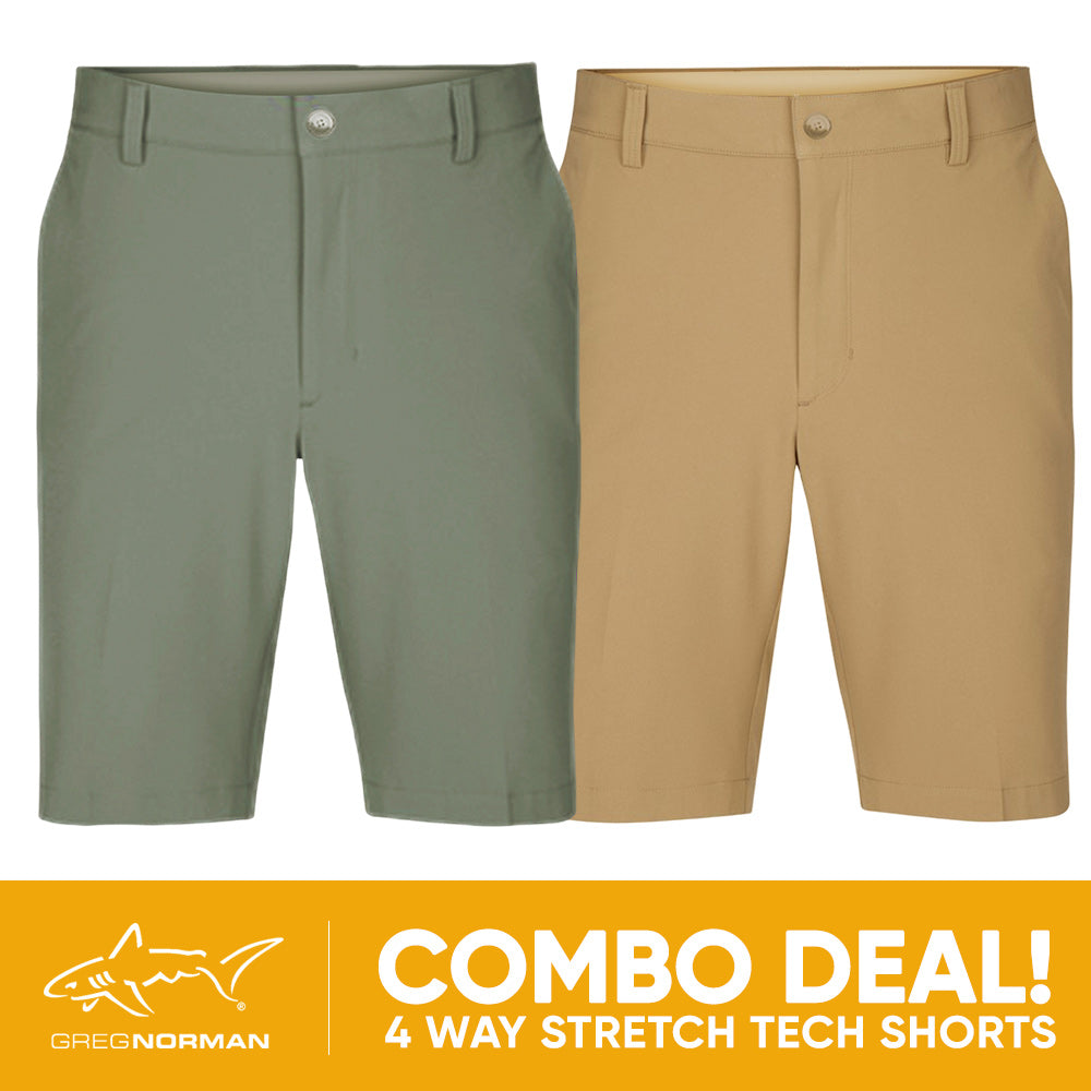 2 PAIR SHORT COMBO!<br>Greg Norman Mens 4 Way Stretch Tech Short - Sage Green/Bamboo