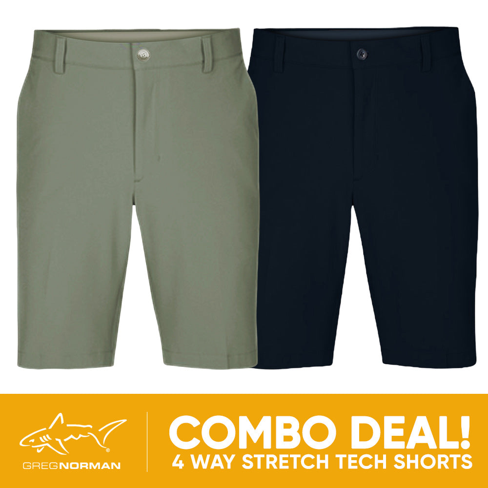 2 PAIR SHORT COMBO!<br>Greg Norman Mens 4 Way Stretch Tech Short - Sage Green/Navy