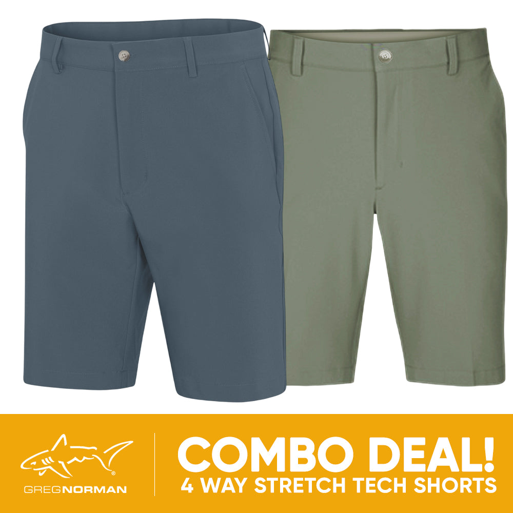 2 PAIR SHORT COMBO!<br>Greg Norman Mens 4 Way Stretch Tech Short - Slate Blue/Sage Green