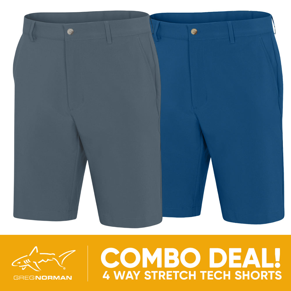 2 PAIR SHORT COMBO!<br>Greg Norman Mens 4 Way Stretch Tech Short - Slate Blue/Sapphire Blue