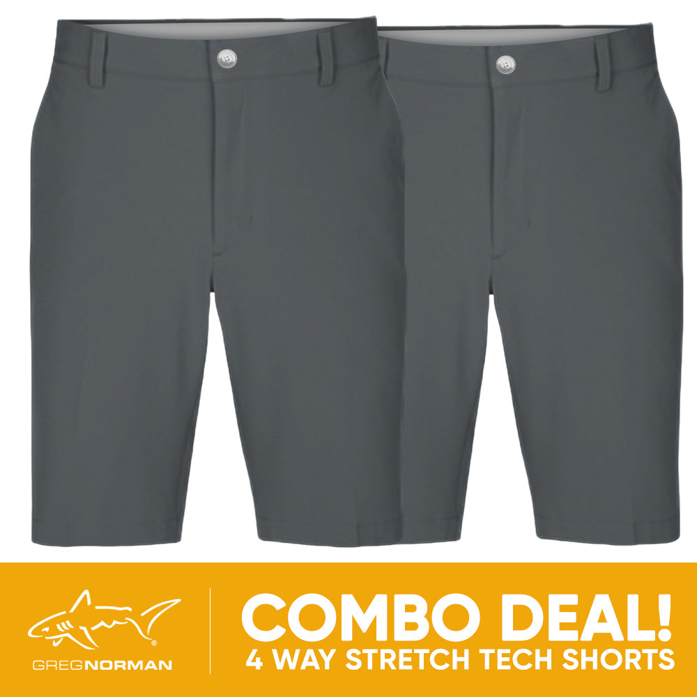 2 PAIR SHORT COMBO!<br>Greg Norman Mens 4 Way Stretch Tech Short - Steel/Steel