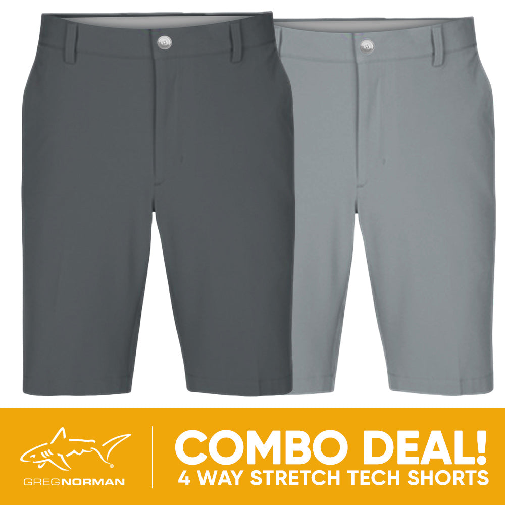 2 PAIR SHORT COMBO!<br>Greg Norman Mens 4 Way Stretch Tech Short - Steel/Sterling