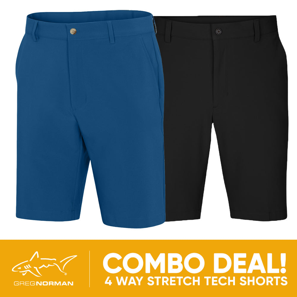 2 PAIR SHORT COMBO!<br>Greg Norman Mens 4 Way Stretch Tech Short - Sapphire Blue/Black
