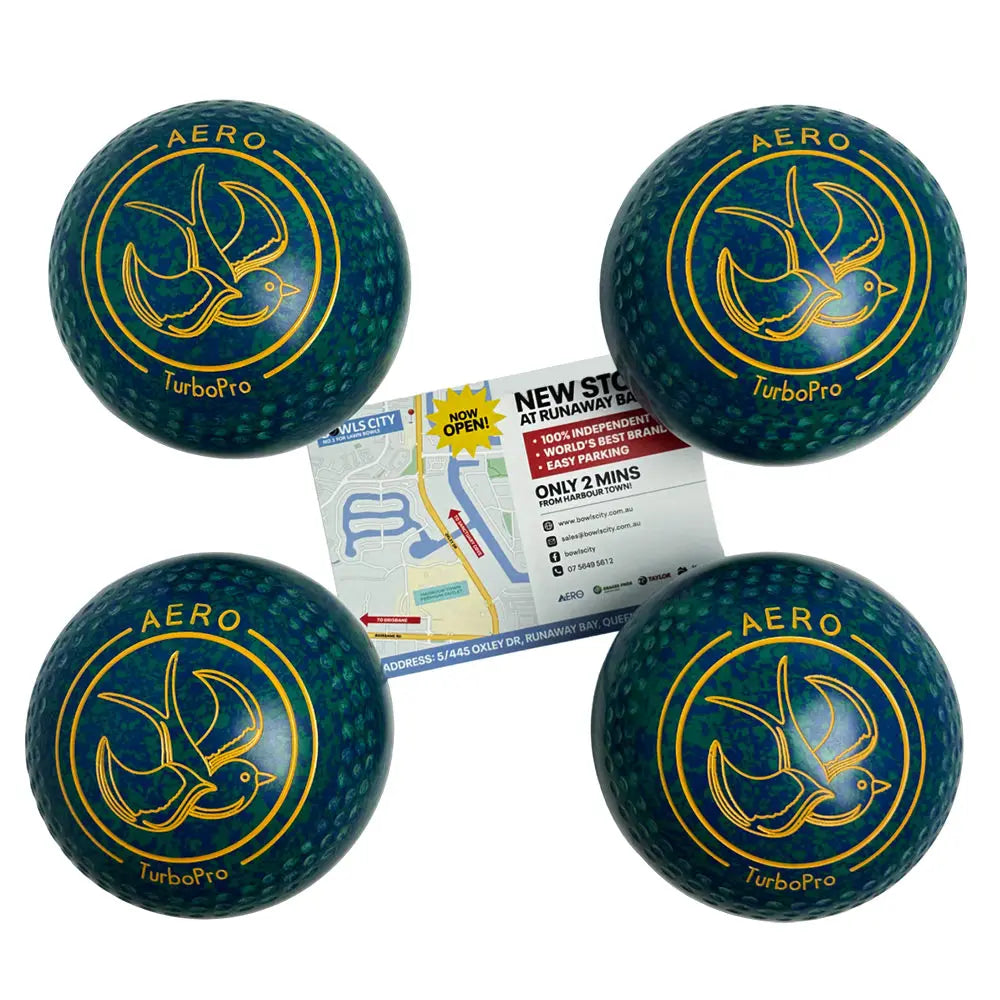 Aero (Pre-Owned) Turbo Pro Lawn Bowls Size 4 Heavy Dimple Grip - Green/Blue Speckle Aero Bowls