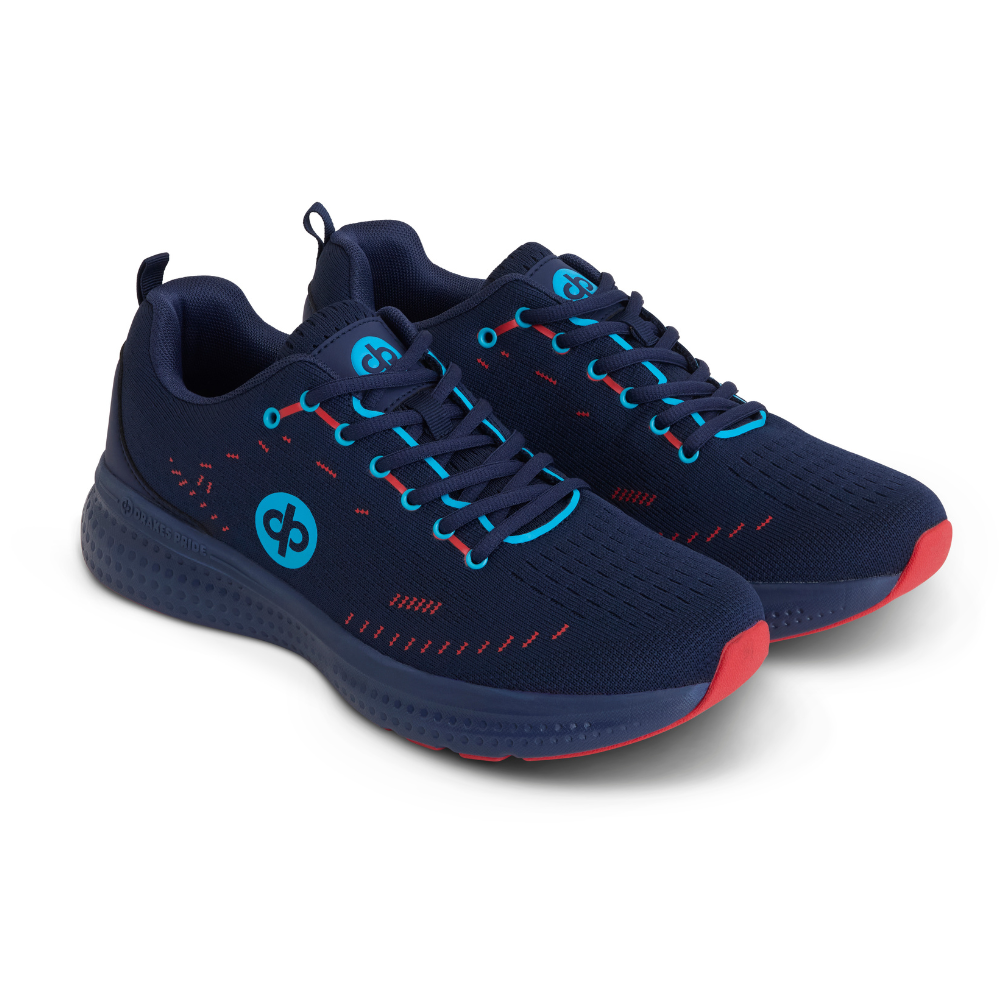 Drakes Pride Men’s Renegade 4E Wide Lawn Bowls Shoe in Navy and Red – Perspective Front View
