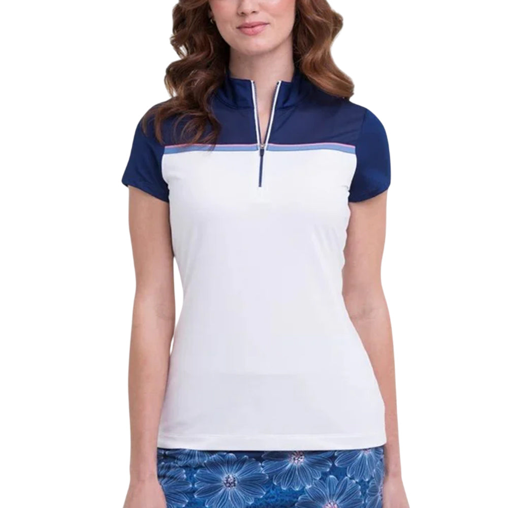 EPNY Womens Cap Sleeve Colour Block Zip Polo - White Multi