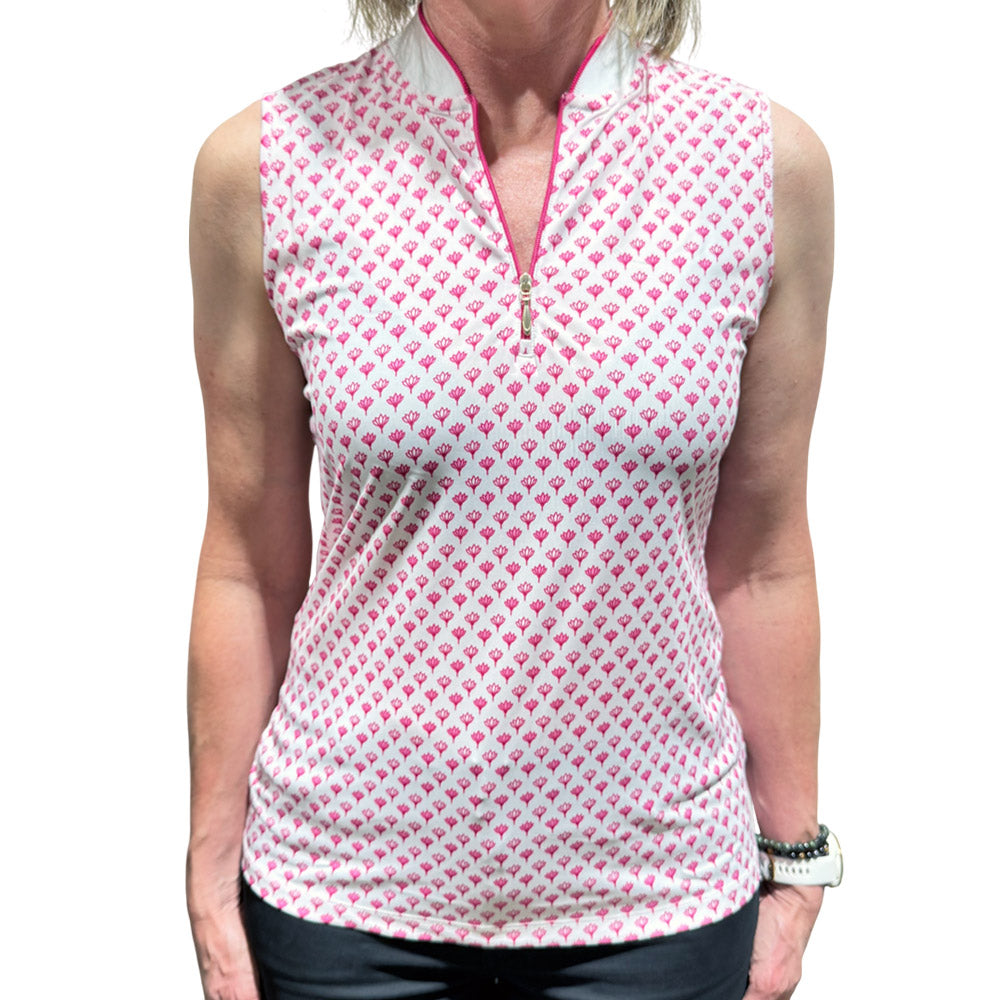 Greg Norman Ladies Lotus Print Pique Sleeveless Polo - Deep Fuchsia