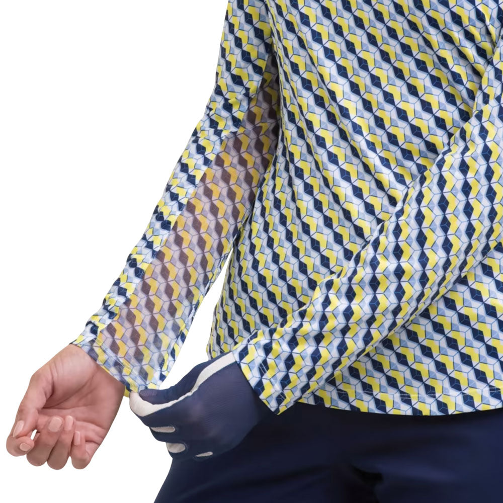 EPNY Womens Long Sleeve Diamond Stripe Print Polo - White/Multi