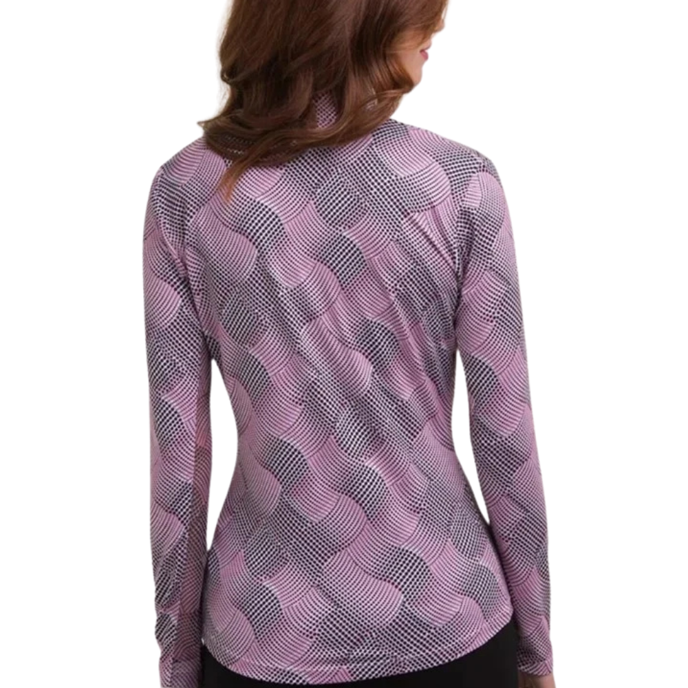 EPNY Womens Long Sleeve Dot Ribbon Lattice Swirl Polo - Rosebud/Multi