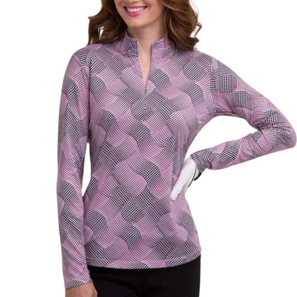 EPNY Womens Long Sleeve Dot Ribbon Lattice Swirl Polo - Rosebud/Multi