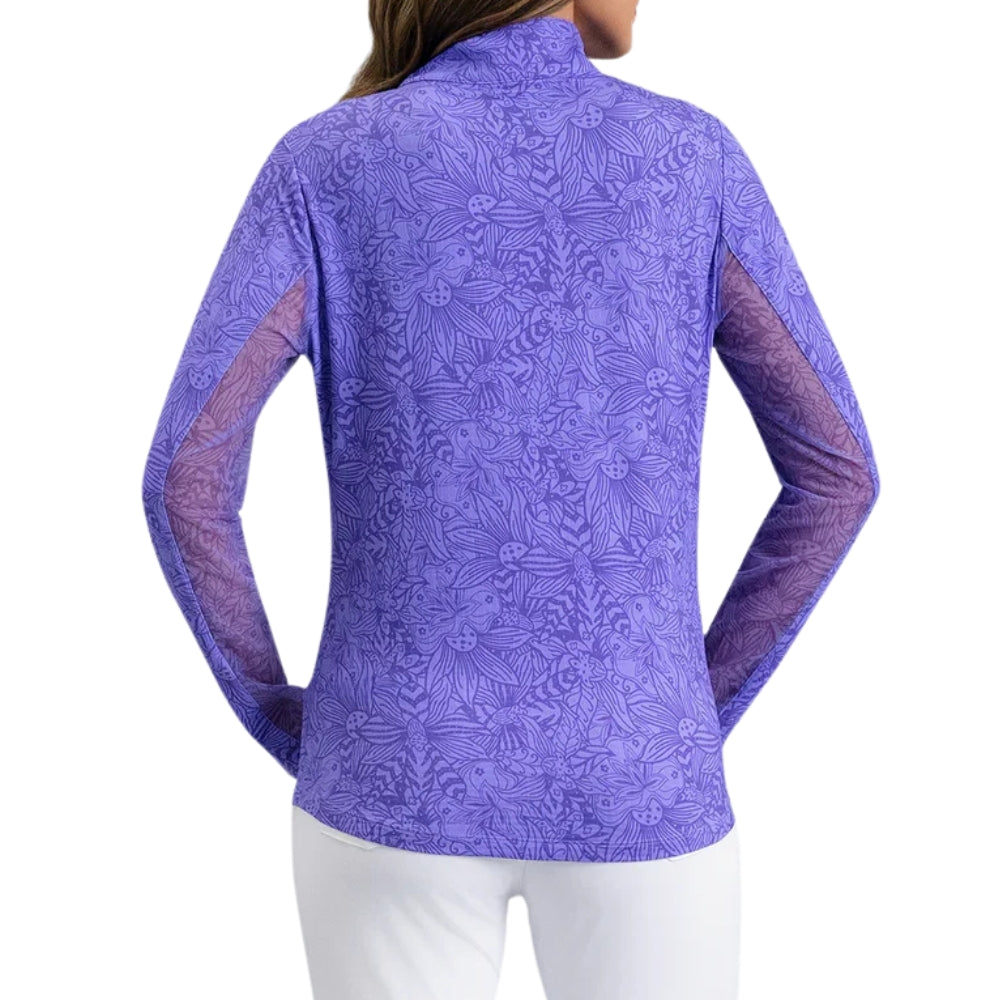 Ibkul Ladies Annie Print Long Sleeve Mock Polo - Plum/Lavender
