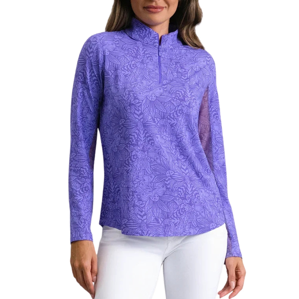 Ibkul Ladies Annie Print Long Sleeve Mock Polo - Plum/Lavender