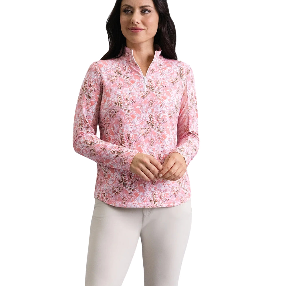 Ibkul Ladies Briana Print Long Sleeve Mock Polo - Peach