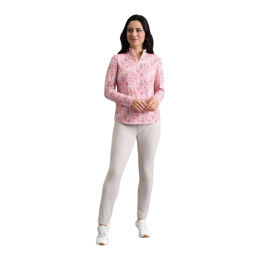 Ibkul Ladies Briana Print Long Sleeve Mock Polo - Peach