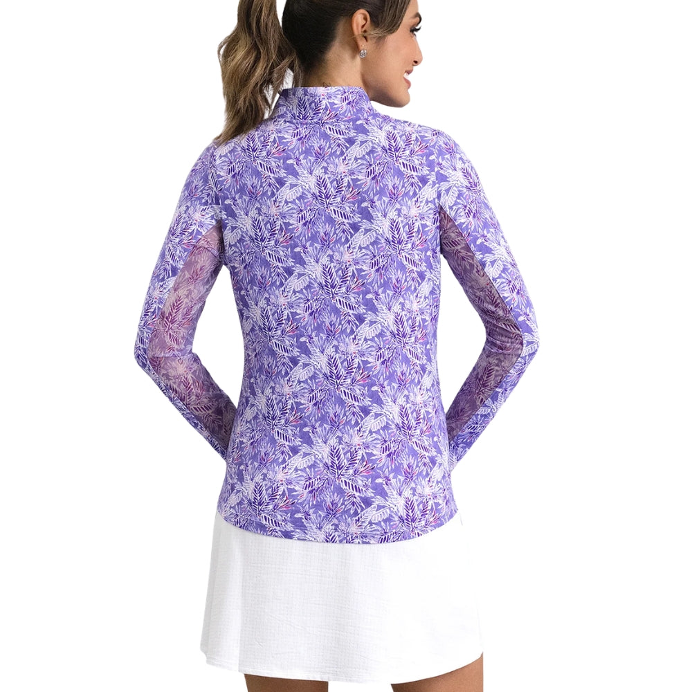 Ibkul Ladies Briana Print Long Sleeve Mock Polo - Plum