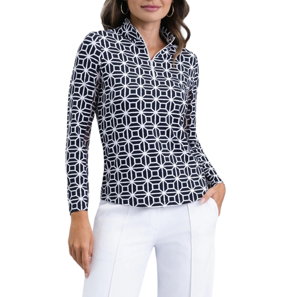 Ibkul Ladies Carolyn Print Long Sleeve Mock Polo - Black