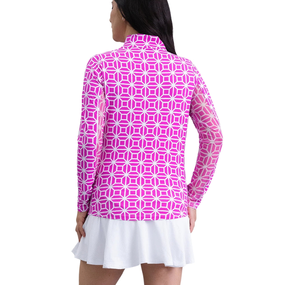 Ibkul Ladies Carolyn Print Long Sleeve Mock Polo - Hot Pink