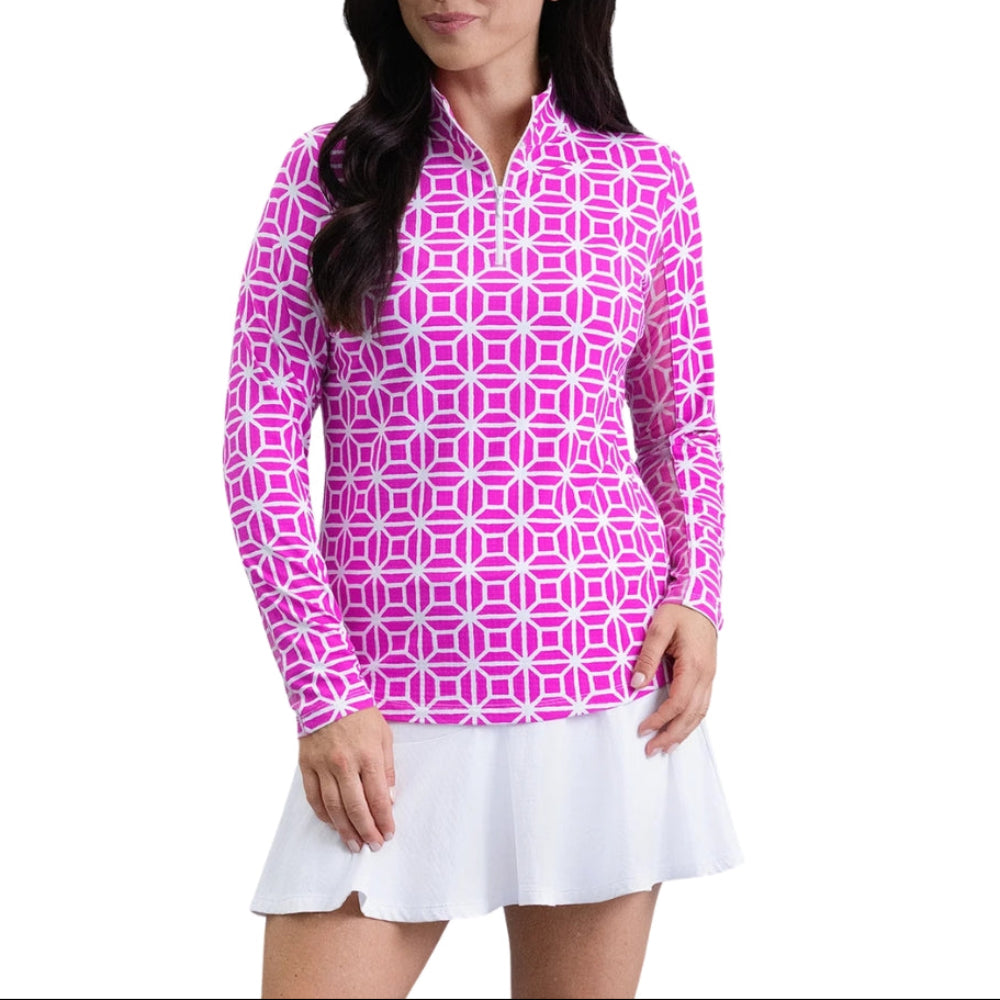 Ibkul Ladies Carolyn Print Long Sleeve Mock Polo - Hot Pink