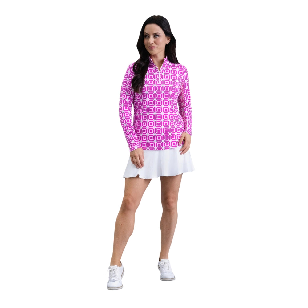 Ibkul Ladies Carolyn Print Long Sleeve Mock Polo - Hot Pink