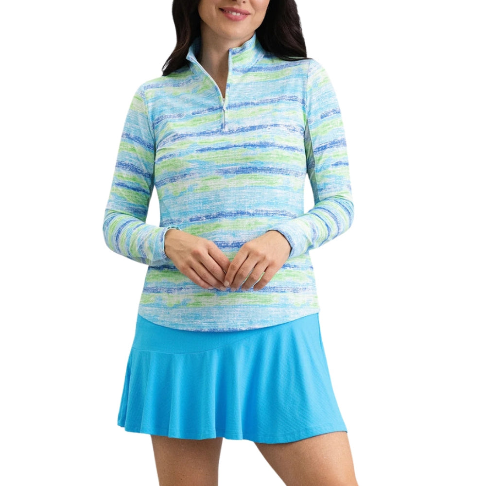 Ibkul Ladies Gia Print Long Sleeve Mock Polo - Blue Multi