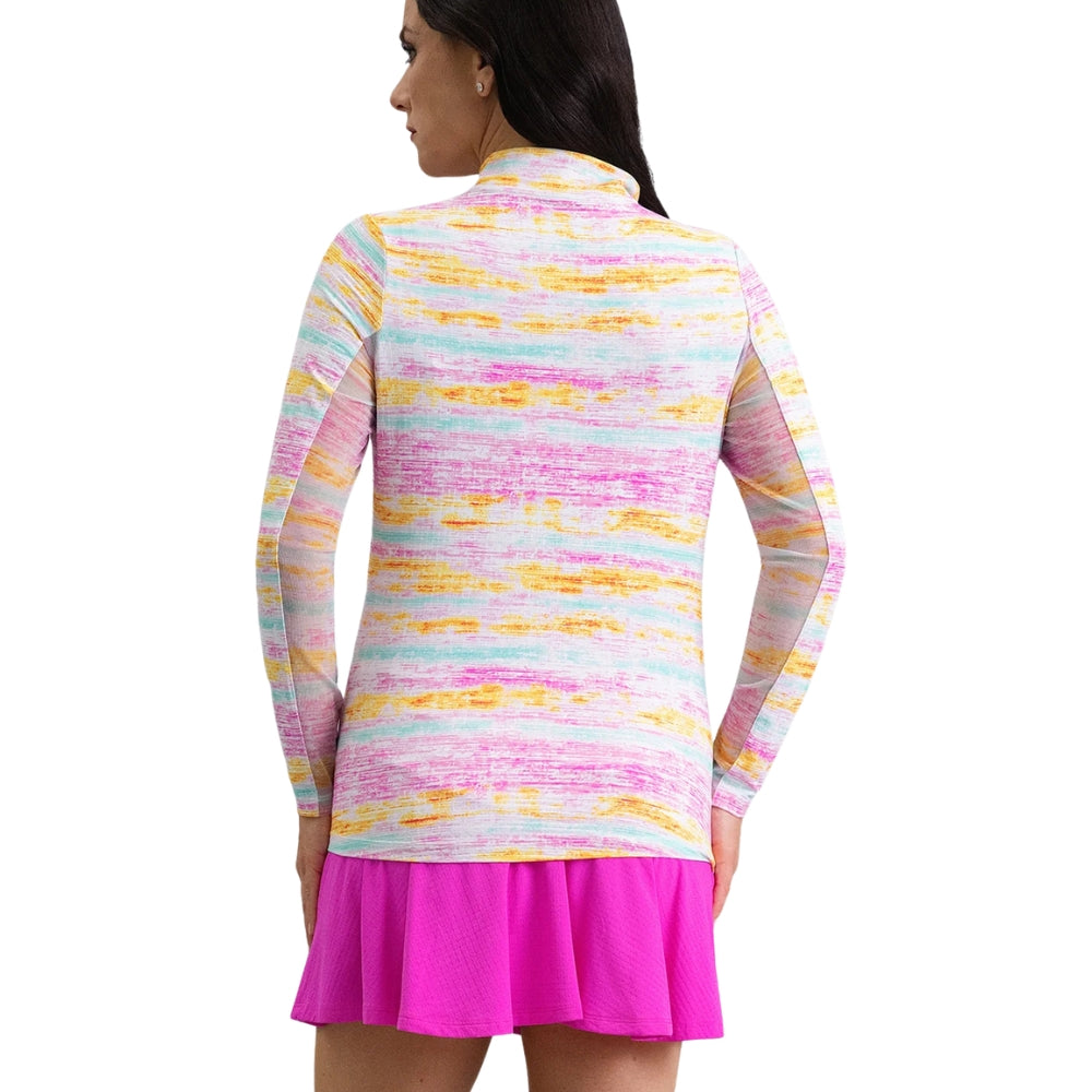 Ibkul Ladies Gia Print Long Sleeve Mock Polo - Hot Pink Multi