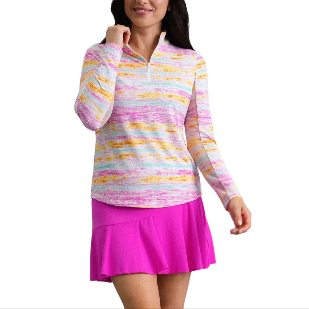 Ibkul Ladies Gia Print Long Sleeve Mock Polo - Hot Pink Multi