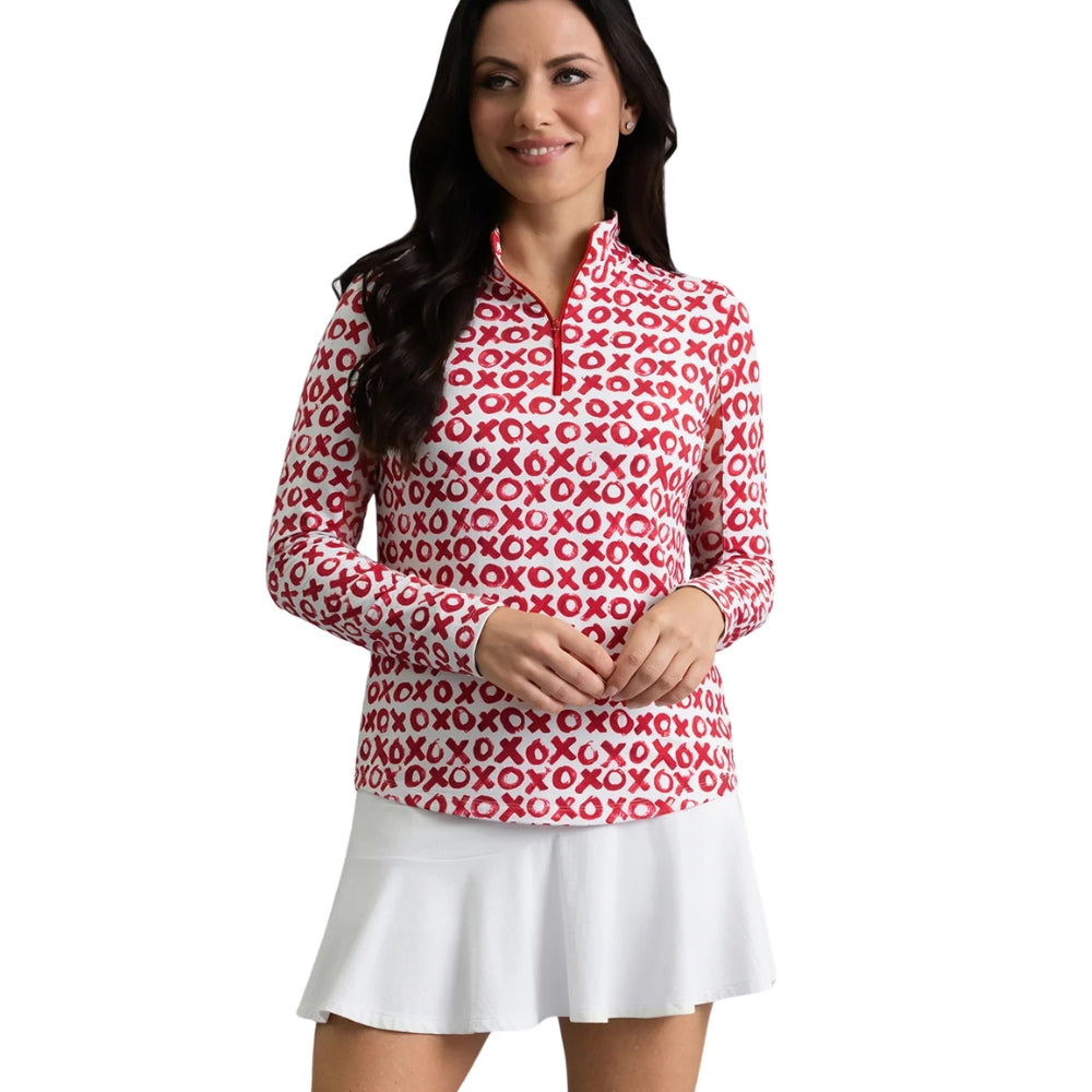 Ibkul Ladies Hugs & Kisses Print Long Sleeve Mock Polo - Red