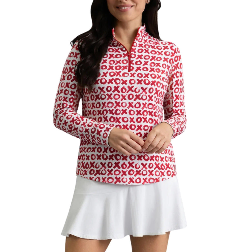 Ibkul Ladies Hugs & Kisses Print Long Sleeve Mock Polo - Red