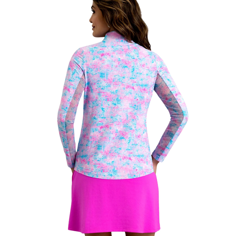 Ibkul Ladies Kate Essential Long Sleeve Mock Polo - Hot Pink/Turquoise