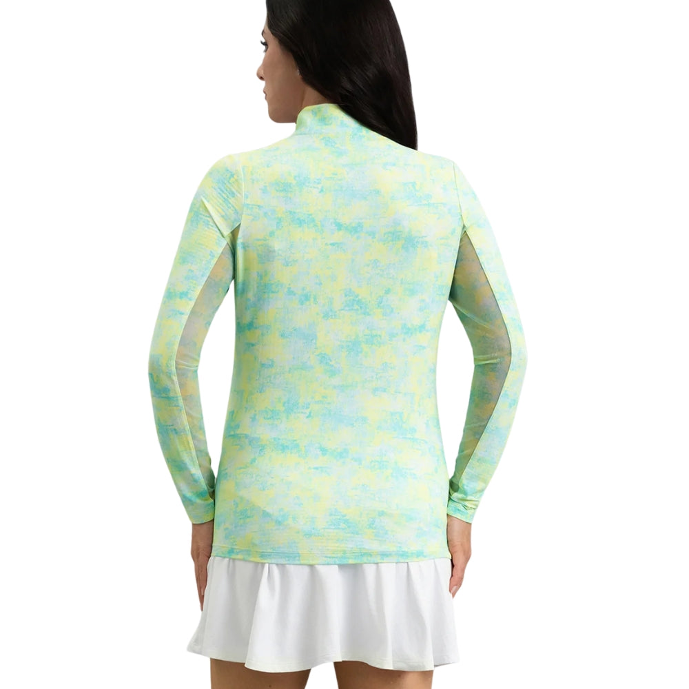 Ibkul Ladies Kate Essential Long Sleeve Mock Polo - Lemonade/Seafoam