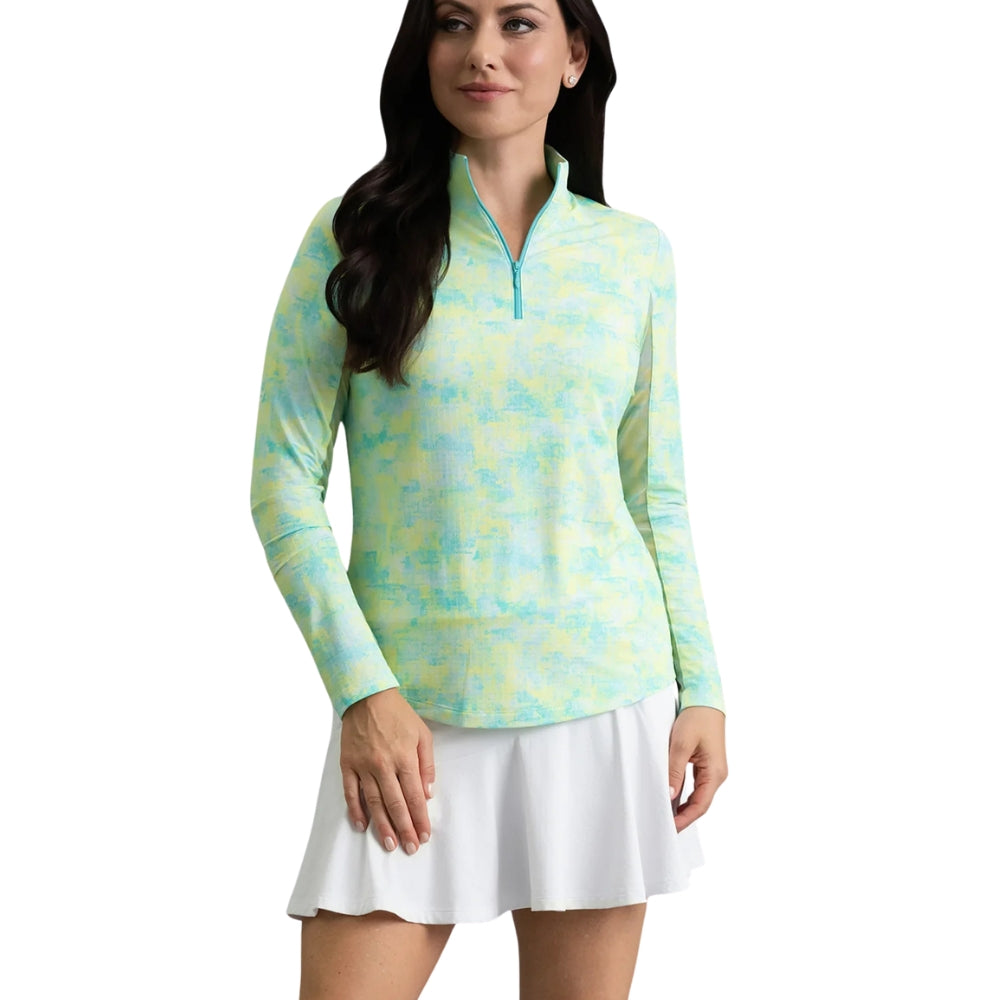 Ibkul Ladies Kate Essential Long Sleeve Mock Polo - Lemonade/Seafoam