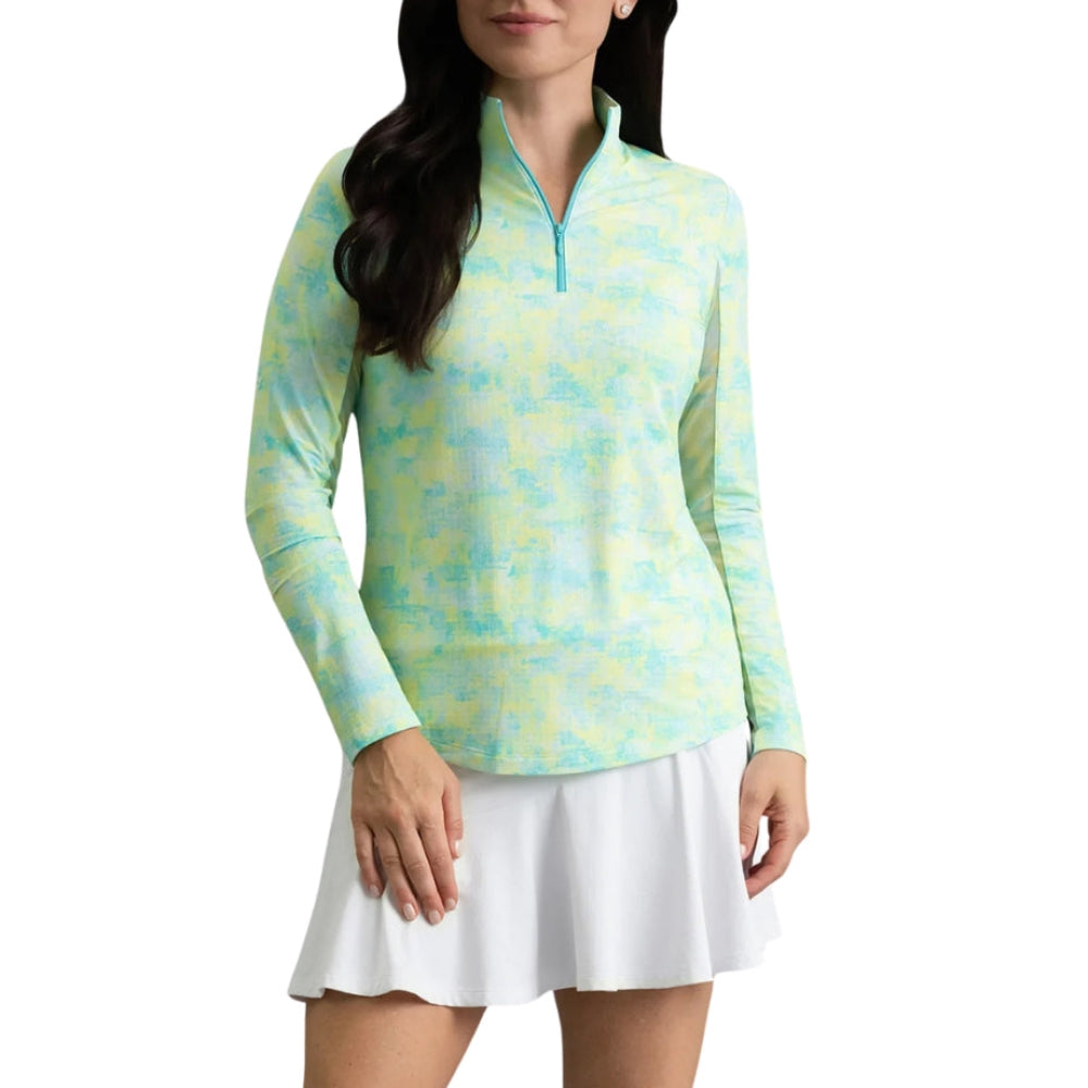Ibkul Ladies Kate Essential Long Sleeve Mock Polo - Lemonade/Seafoam