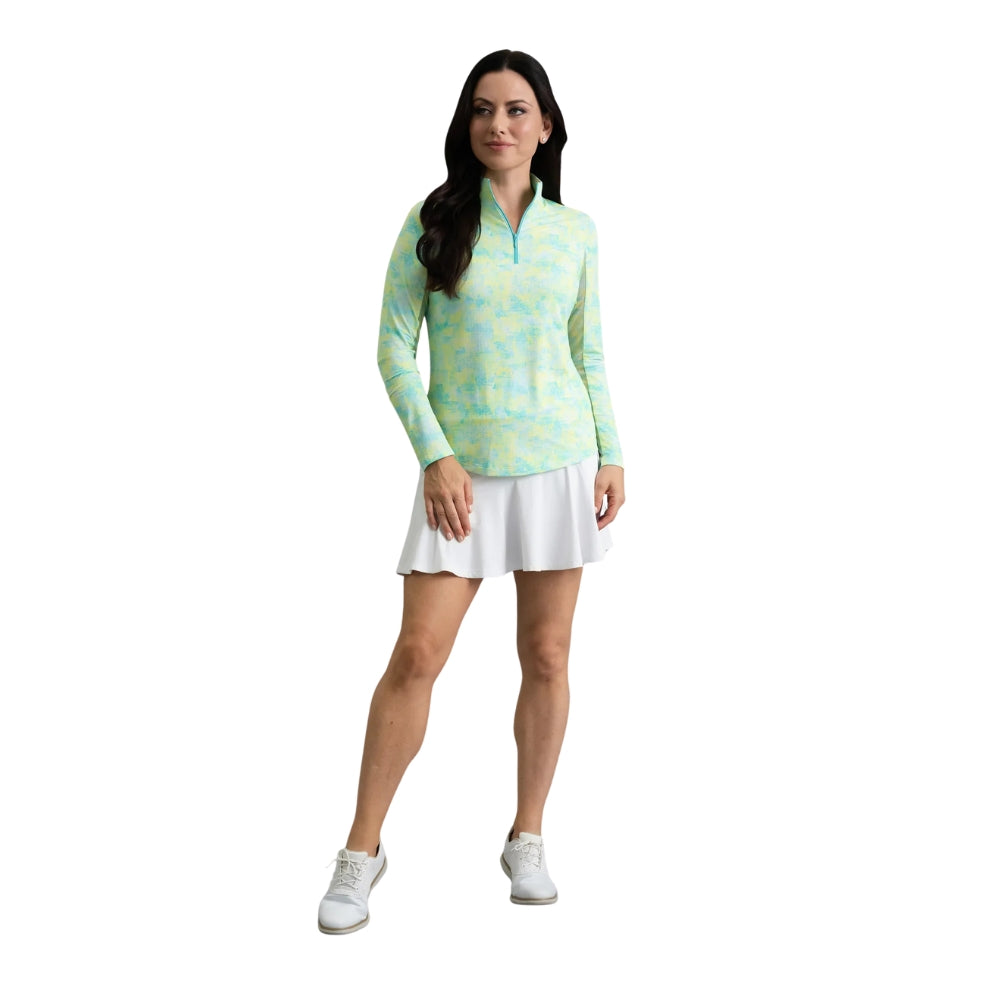 Ibkul Ladies Kate Essential Long Sleeve Mock Polo - Lemonade/Seafoam