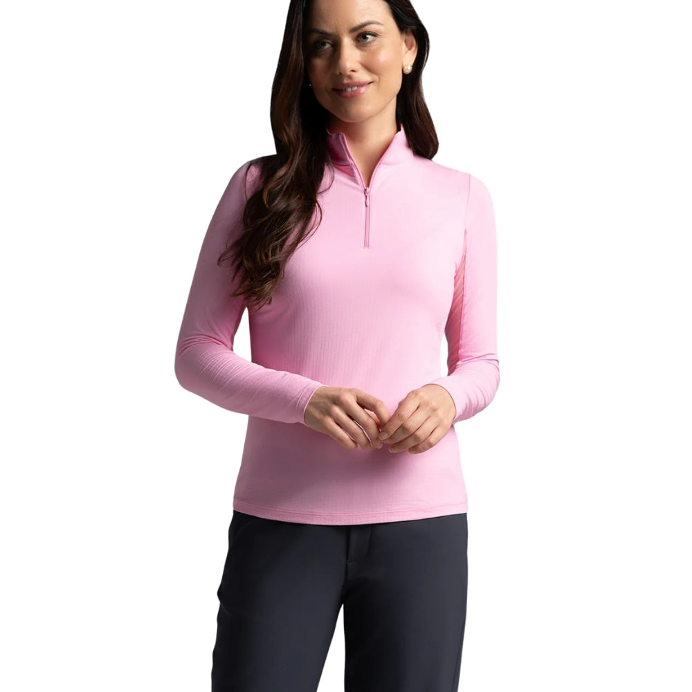 Ibkul Ladies Long Sleeve Mock Polo - Candy Pink