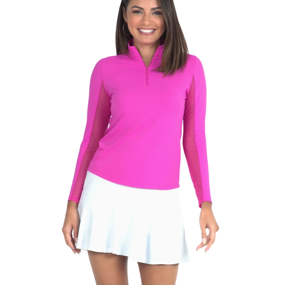 Ibkul Ladies Long Sleeve Mock Polo - Hot Pink