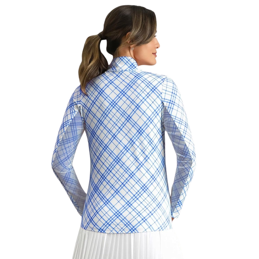 Ibkul Ladies Tony Plaid Long Sleeve Mock Polo - Blue/White