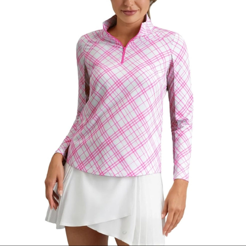 Ibkul Ladies Tony Plaid Long Sleeve Mock Polo - Hot Pink/White
