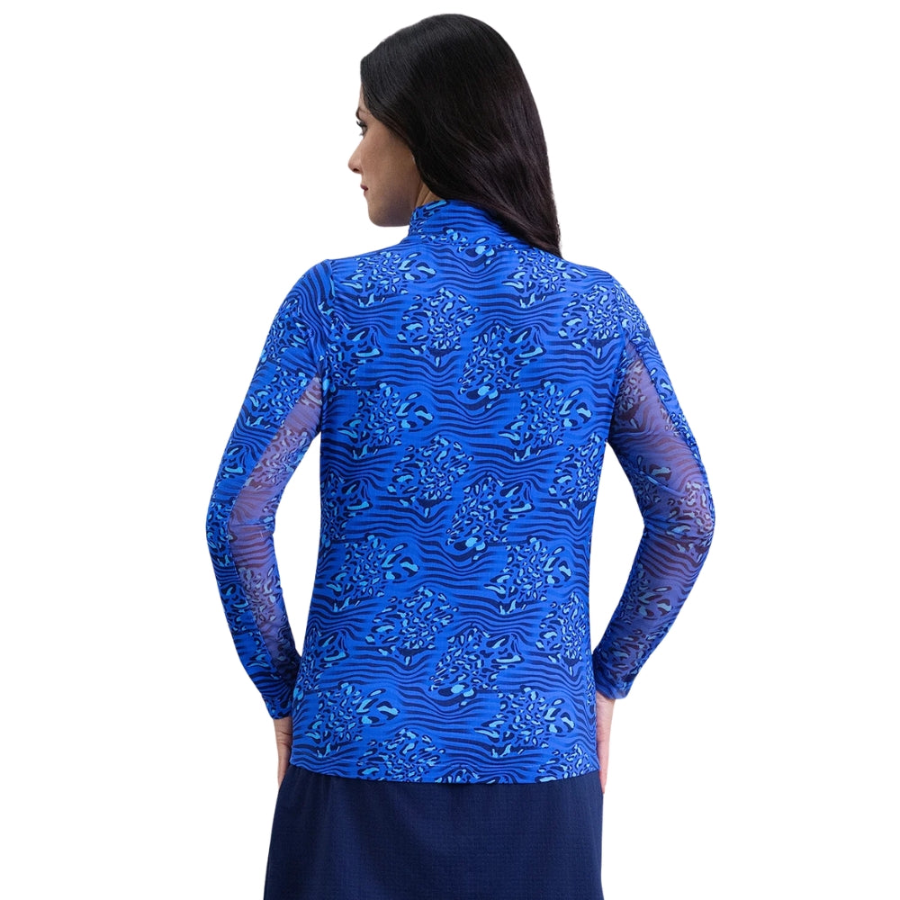 Ibkul Ladies Yun Print Long Sleeve Mock Polo - Blue