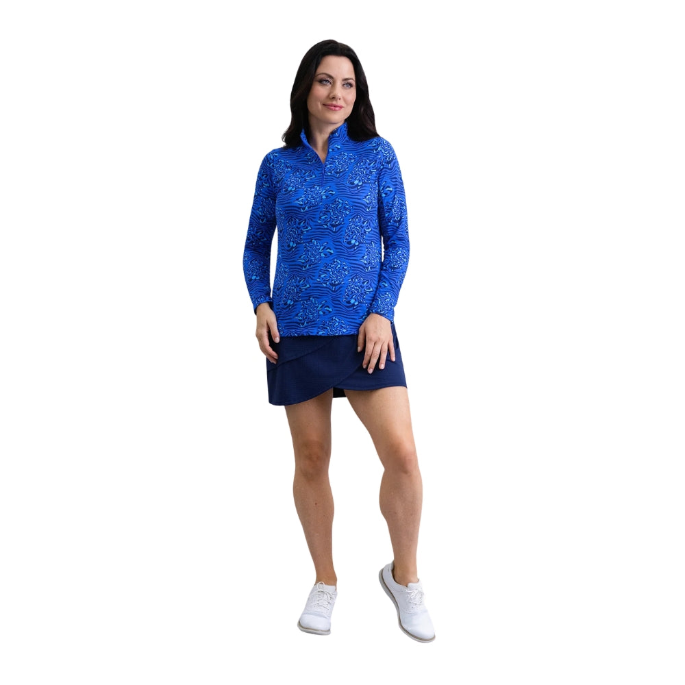 Ibkul Ladies Yun Print Long Sleeve Mock Polo - Blue
