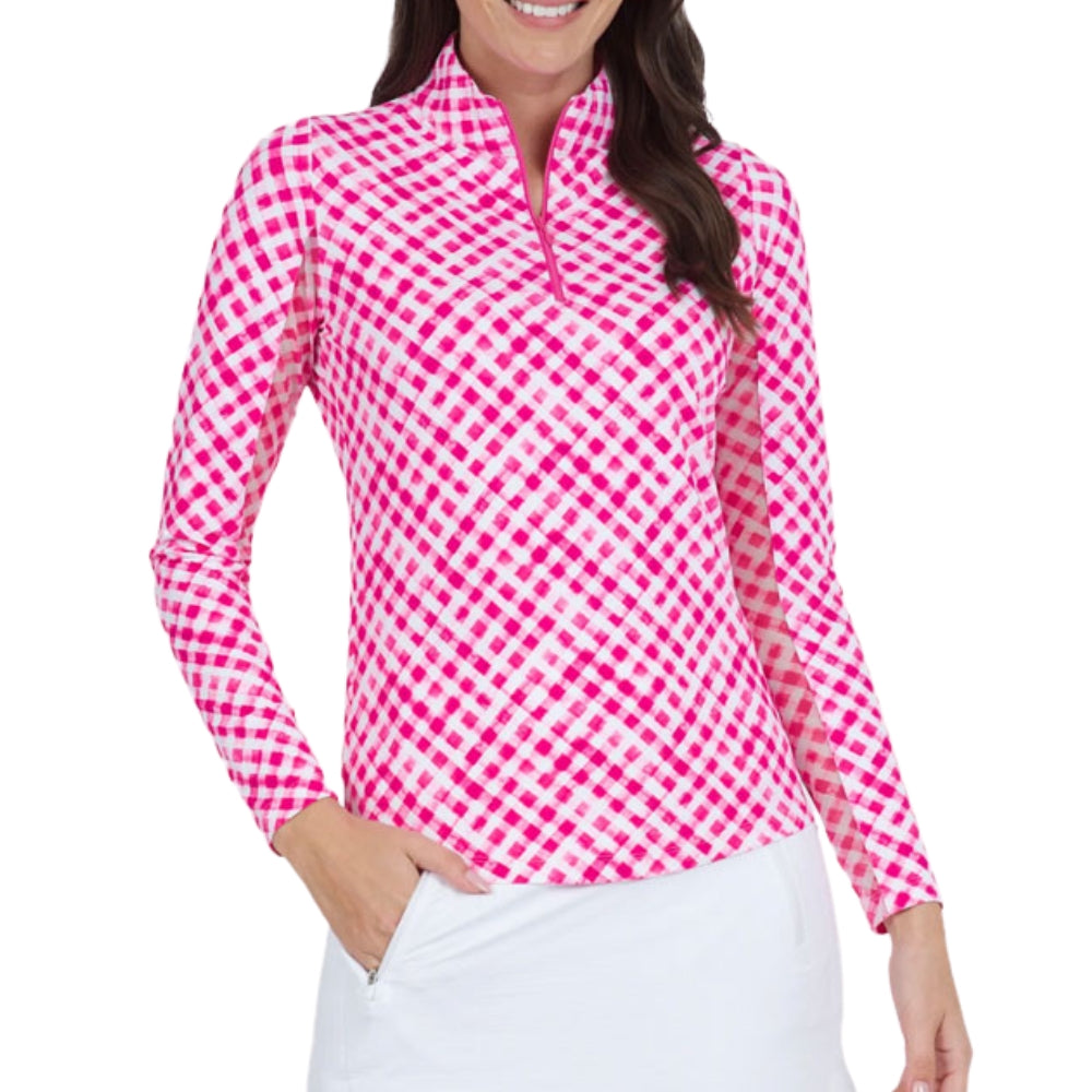 Ibkul Womens Gingham Check Print Long Sleeve Polo -Hot Pink/White