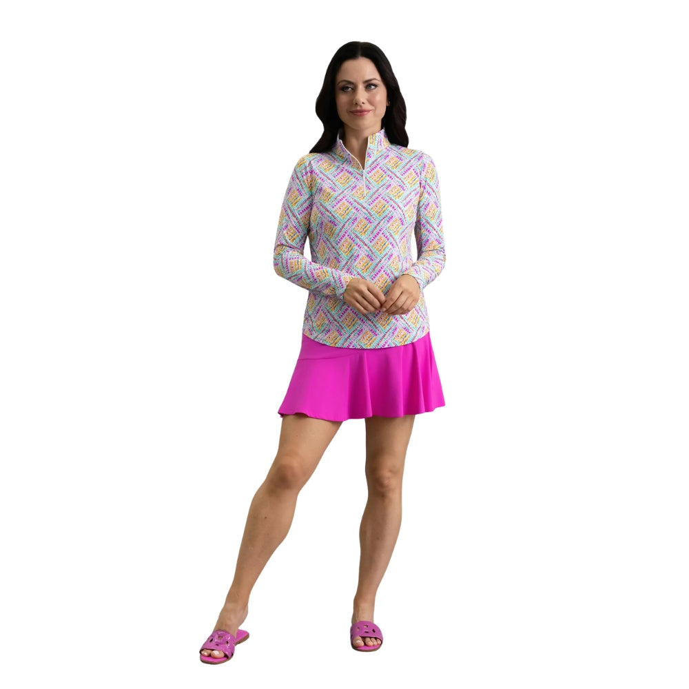 Ibkul Womens Nina Long Sleeve Print Polo - Hot Pink Multi
