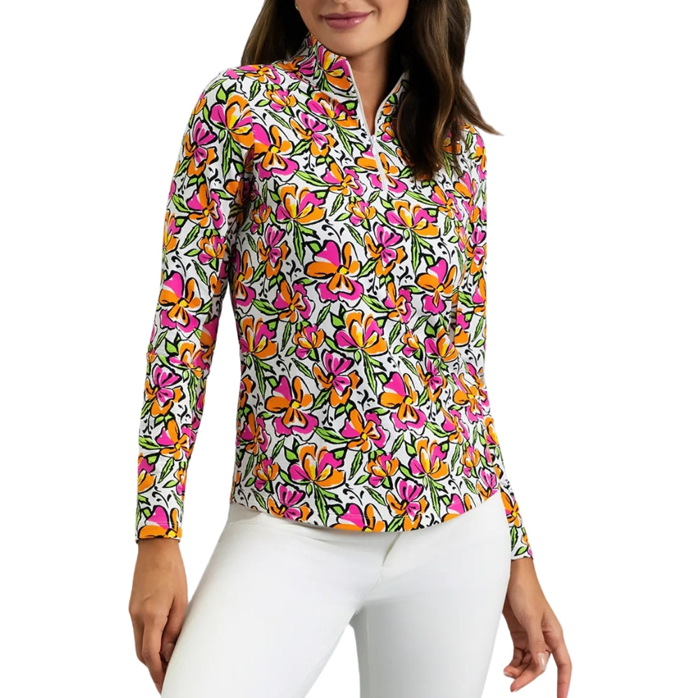 Ibkul Womens Sonia Long Sleeve Print Polo - Hot Pink/Orange