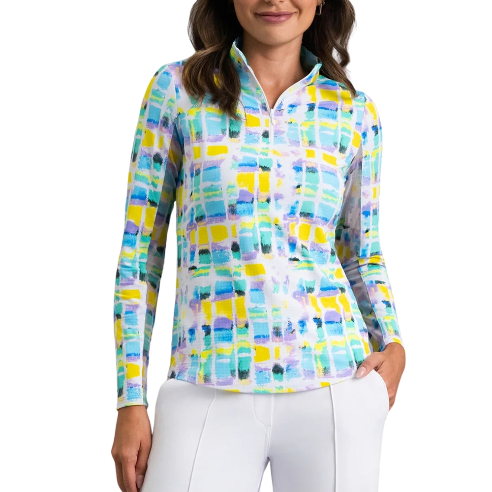 Ibkul Womens Tatiana Long Sleeve Polo - Turquoise Multi