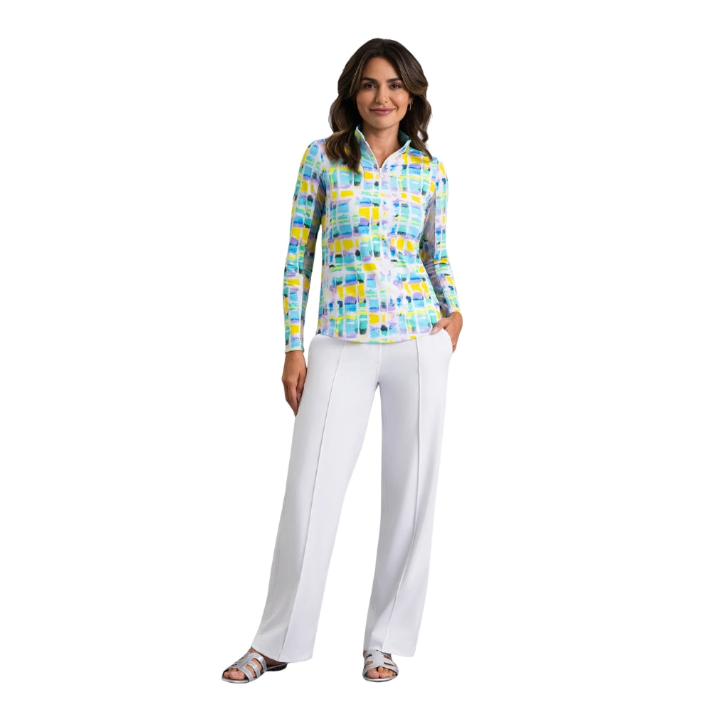 Ibkul Womens Tatiana Long Sleeve Polo - Turquoise Multi